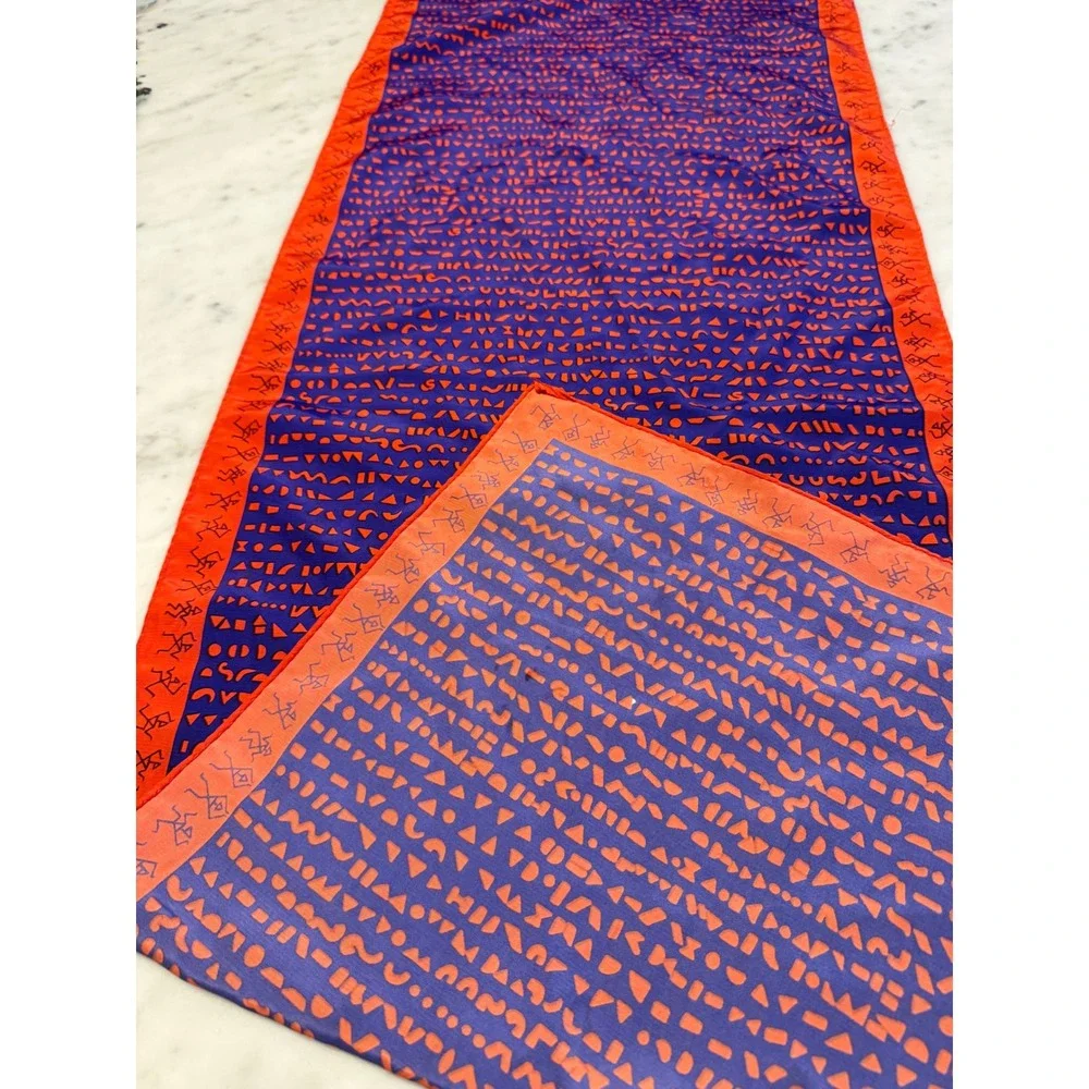 Vintage Carol Horn Silk Oblong‎ Scarf Purple Orange Geometric Stick Figure 15x41